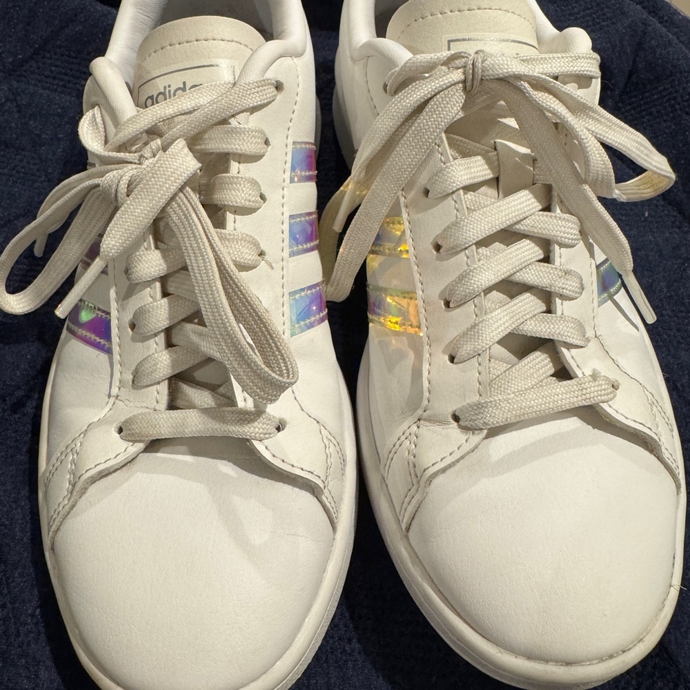 Women’s Adidas White Sneakers with Iridescent Accents -Size 8